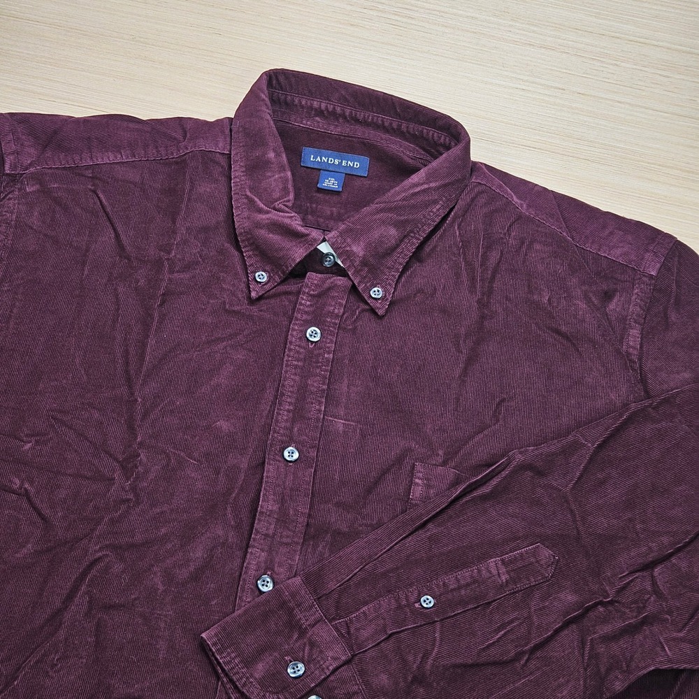 Lands' End Corduroy Button Down Men XXL Purple Long Sleeve Casual Shirt